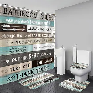 1/4pcs Brown and cyan patchwork shower curtain set with inspirational quotes, non-slip mat, U-shaped rug, and toilet seat cover. Perfect for bathroom decoration, partitioning, and beautifying the space. Includes 12 shower curtain hooks.