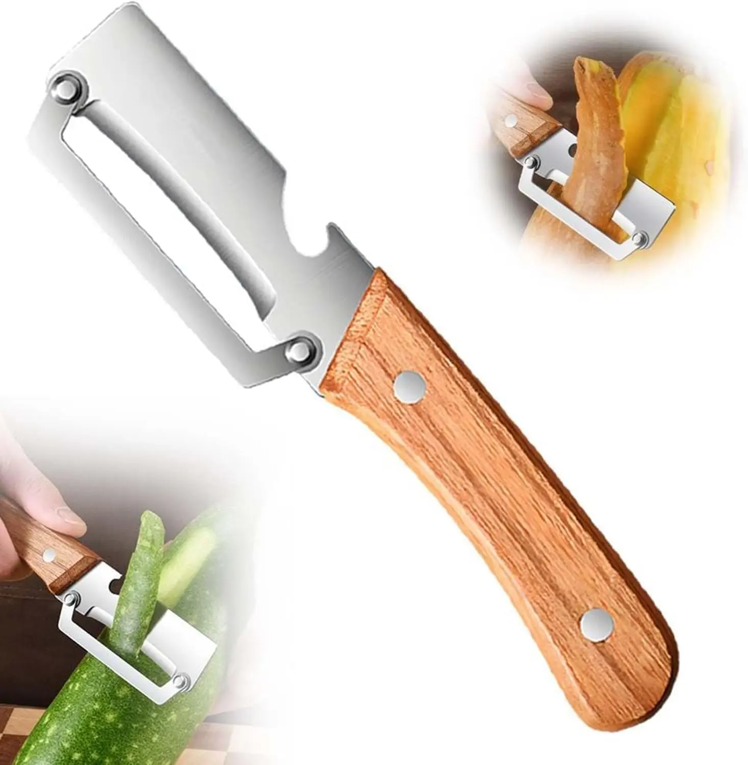 Multi-Functional Stainless Steel Thickened Fruit Peeler Knife for Kitchen, Ultra-Sharp Blade with Wooden Handle and Bottle Opener, For Vegetables or Fruits that Need to Be Peeled (1pcs)