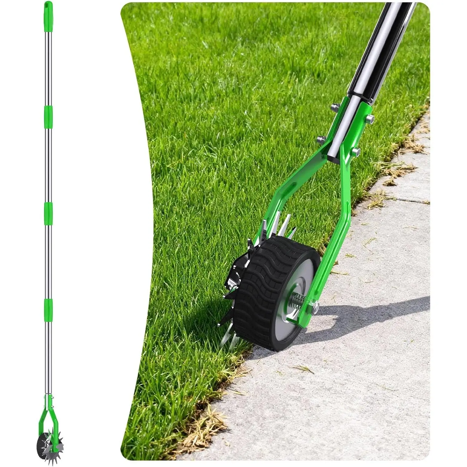 Green Garden Wheel Rotary Edger - 67 in Adjustable Stainless Steel Handle Lawn Tool, Grass Cutter for Landscaping, Sidewalks, Concrete Paths
