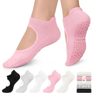 5 Pairs Women’s Non-Slip Pilates & Yoga Socks with Grips – Grip Socks for Workout, Barre, Ballet, Dance & Hospital Use