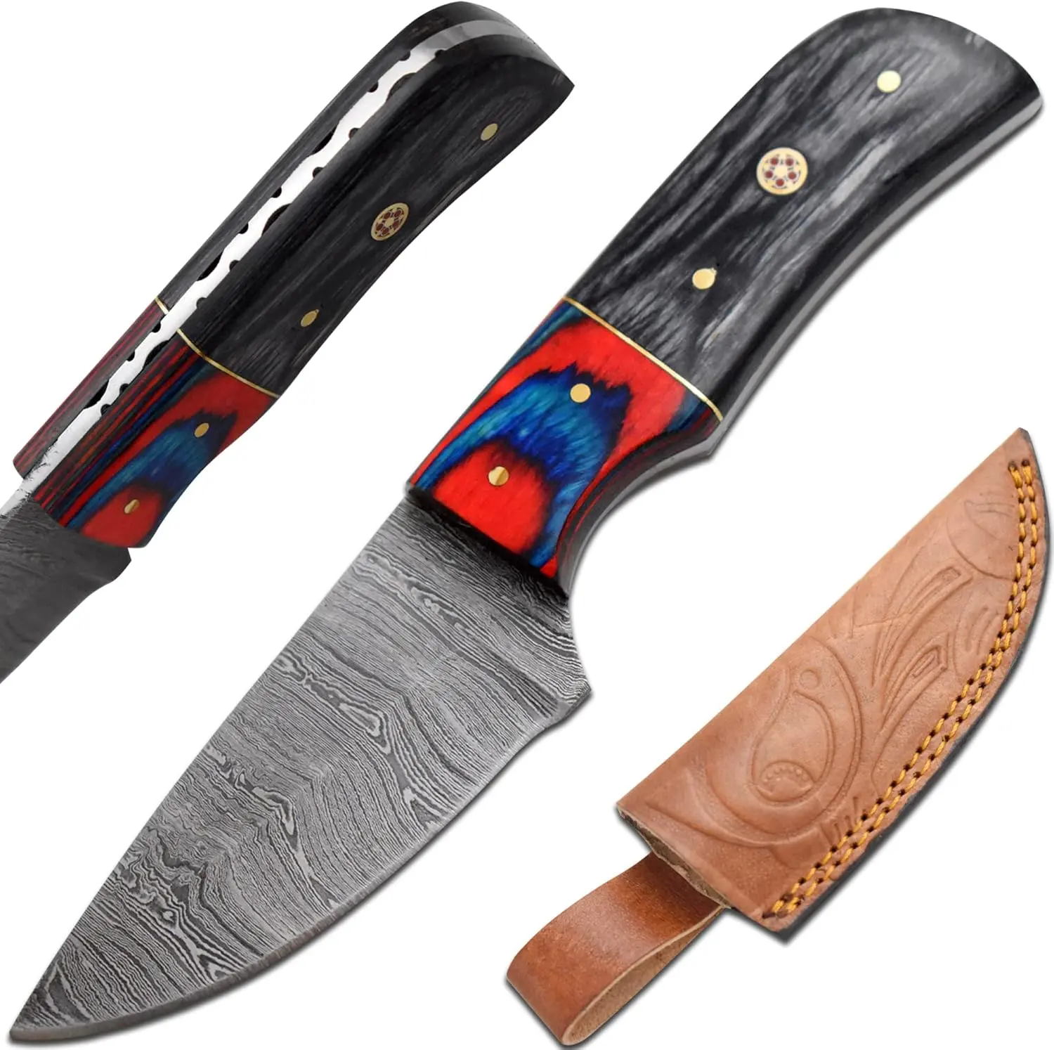 Old Ram Unisex 7" Overall Damascus Steel Mini Fixed Blade Knife, Handcrafted Wood Handle Hunting Knife with Leather Sheath for Outdoor Sports, Carving (DM-OR-308)