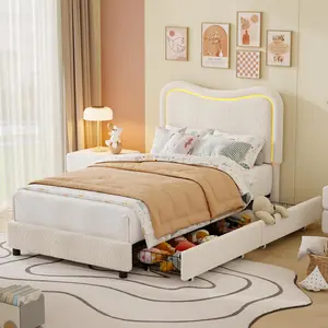 Beige Upholstered LED Twin Bed Frames for Kids with 2 Drawers and Headboard, Cute Twin Bed with Storage for Girls, Boys, Sturdy Platform Bed, No Box Spring Needed, Wooden Slats, Noise Free