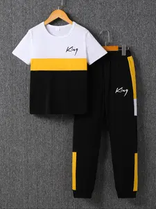 Boy's Letter Print Tee & Side Stripe Sweatpants Set, Colorblock Short Sleeve T-shirt & Jogger Pants, Casual Summer Outfits Clothes for Kids