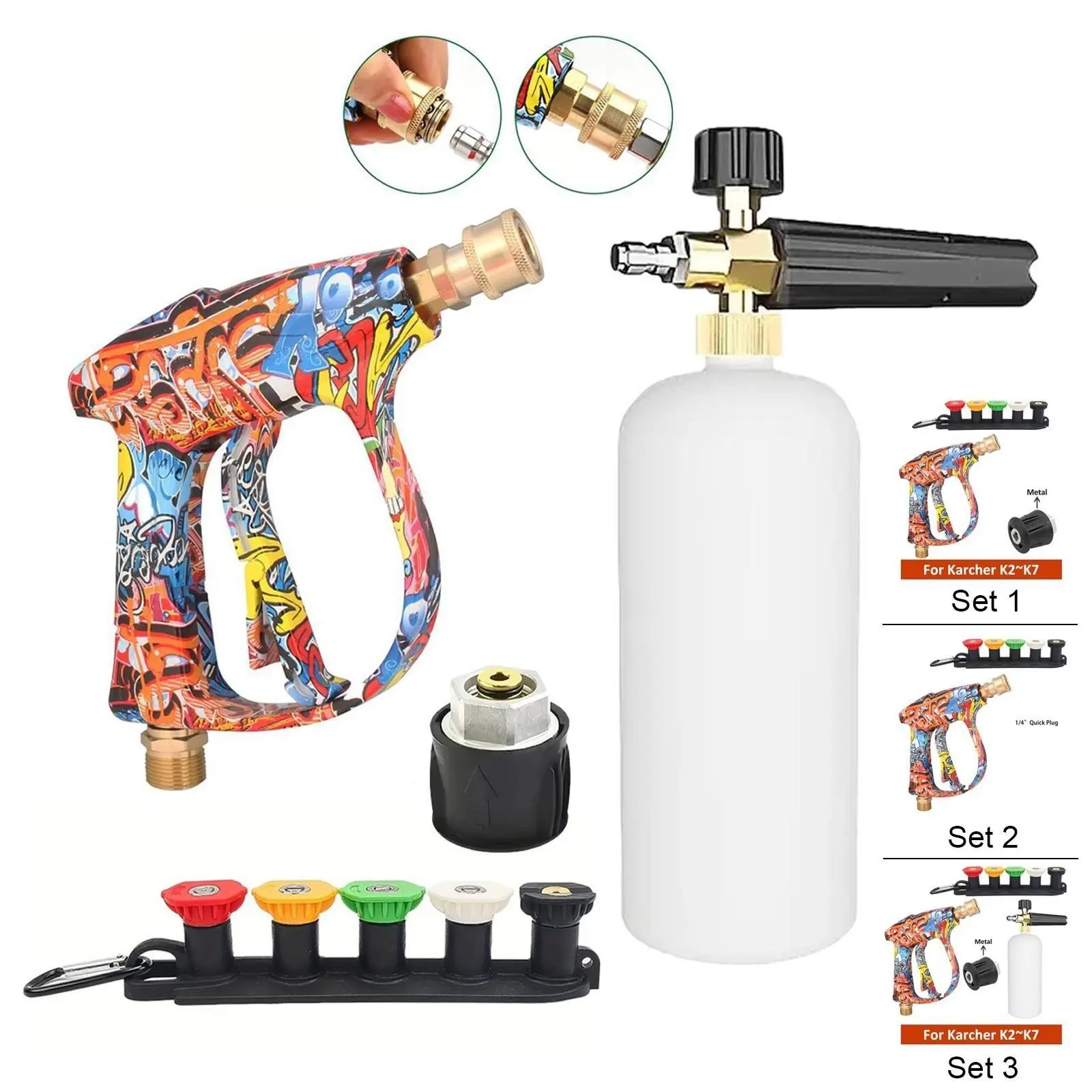 Pressure Washer Water Gun Kit for Car Cleaning Hose Connector For Karcher Quick Connector Adapter and Nozzles Set，Provide three different content options, Foam Sprayer, Car Wash Accessory, Car Wash Tool, Car Washing Accessory, Car Washing Supplies