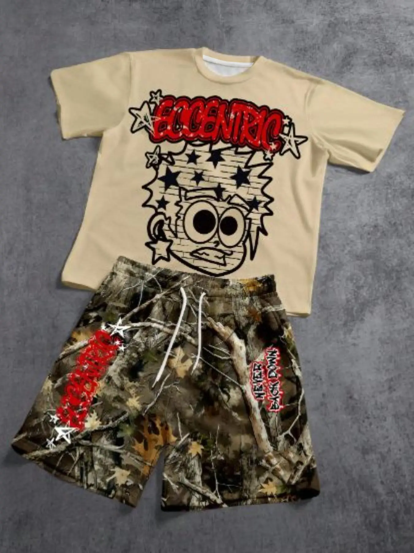 Men's 2-Piece Fitted Matching Cartoon Graffiti Camo Print Short Sleeve Crewneck T-Shirt and Shorts Set, Clothes, Menswear Summer Tropical Casual, Perfect Gift for Boyfriend