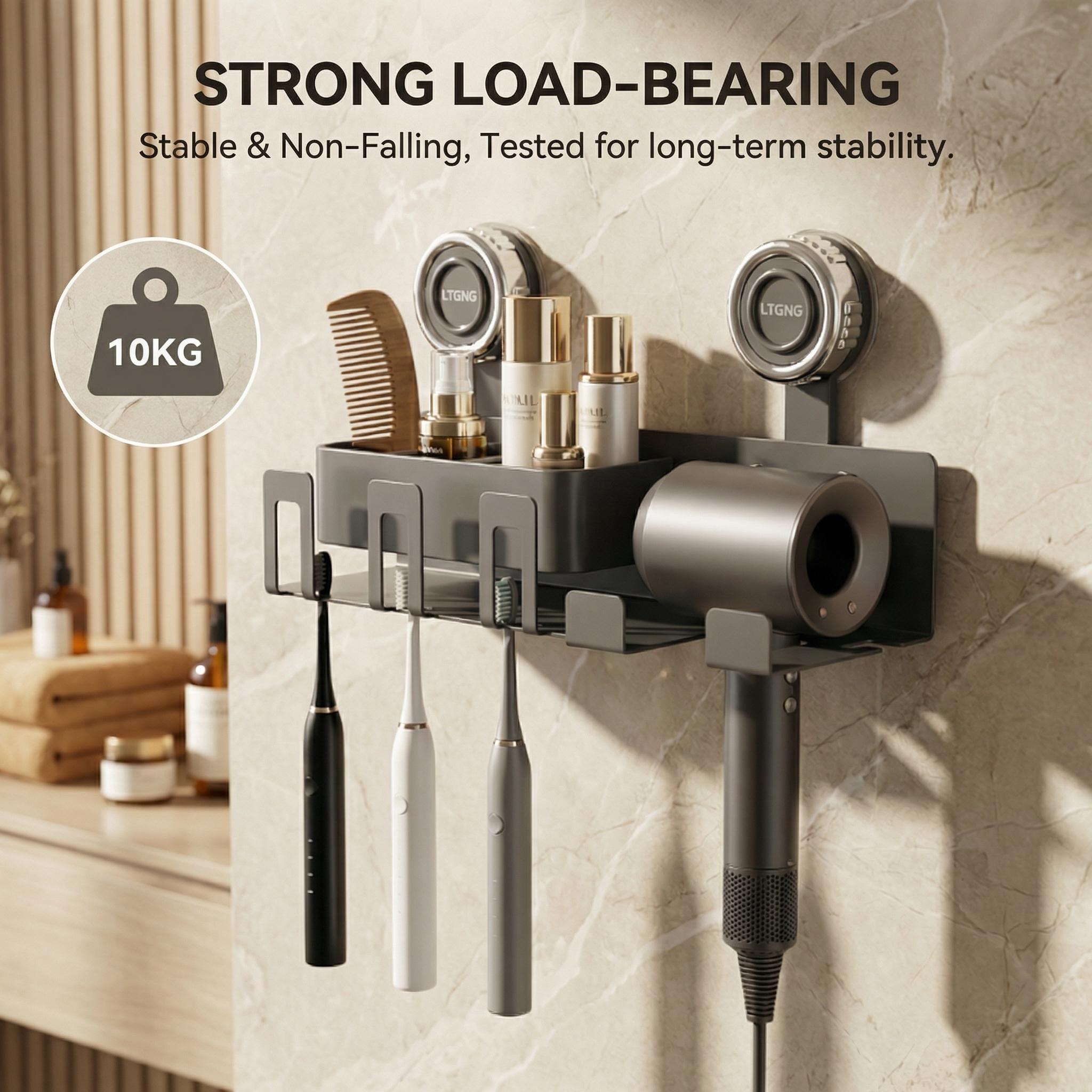 No Drill Suction Cup Hair Dryer Holder, Space Aluminum Bathroom Organizer with Toothbrush Storage, Strong Load-Bearing Wall Mount Rack for Renters