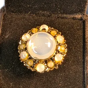 Vintage Moonstone Halo Cocktail Ring - Gold-Tone Opaline Cabochon Romantic Statement Ring