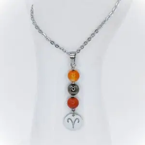 FIMENESS ARIES - CARNELIAN, HEMATITE AND RED JASPER HANDMADE NATURAL STONE PENDANT STAINLESS STEEL 18 INCH CHAIN WITH 2 INCH EXTENDER