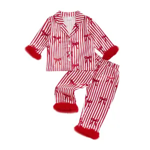 Baby Kids Girls Christmas Pajamas Set, Bow Print Long Sleeve Tops with Elastic Waist Pants Sleepwear Christmas Gifts Fashion New Year Sleepwear For 0-7 Years