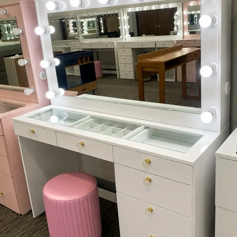 Lighted Vanity Table with Glass Top | White Elegance & 7 Drawers