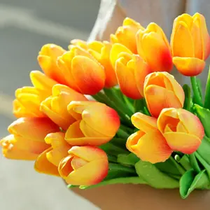 20 Spring Artificial Yellow Tulip Bouquets - Realistic Touch Fake Tulips with Bright Yellow Flowers and Green Leaves, Suitable for Wedding Centerpieces, Home Decoration, Valentine's Day, No Maintenance Required and Durable