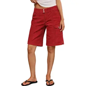 Flamingals Split Flap Pocket Stitch Detail Mid Waist Bermuda Shorts Stretchy 11.0'' Inseam