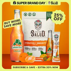 Salud x Jarritos 2-in-1 Coconut Electrolyte Powder Sticks, Mandarin Hydration & Immunity Beverage Mix, Agua Fresca, Elderberry, 1g Sugar, 15 Servings, Allergen-Free (Dairy, Soy, Gluten), Non-GMO, Vegan