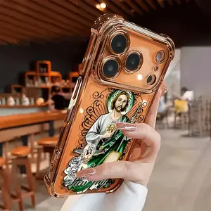 San Judas Themed Gold Electroplated Transparent TPU Airbag Shockproof Smartphone Case - Simple, Fashionable, Personalized, Creative Soft Cover for iPhone 17 Pro Max,16,15,14,13,12,11 - Handheld Mobile Devices Protection Accessory