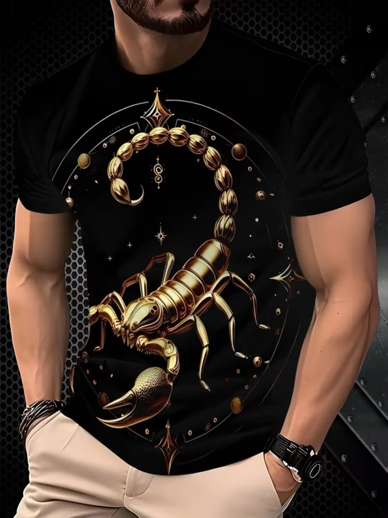 Men's 3D Scorpion Pattern Digital Print Short Sleeve Fitted T-Shirt, Casual Comfort Round Neck Crewneck Top, Streetwear Fashion Classic Versatile Stylish Regular Fit, Daily Wear Essential