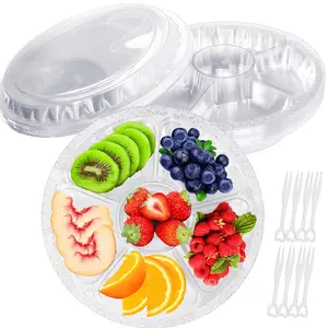 5/10 Pack Round Plastic Trays with Lids, Divided Food Containers, Plastic Food Storage, Convenient Six Compartment, Perfect for Fruits Vegetables Snacks