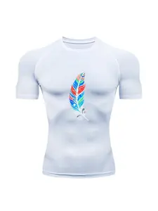 Feather-print sports fitness top, suitable for summer men's lightweight, quick-drying, breathable, elastic and comfortable running training compression fitness top