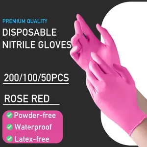 200/100/50 Pcs, Rose red Nitrile Gloves, Durable Household Cleaning Gloves, Waterproof, Odorless, Suitable for Kitchen Cleaning, Tattooing, Painting, Hair Dyeing, Pet Care, Beauty Salon and Household Tools, Cleaning Supplies