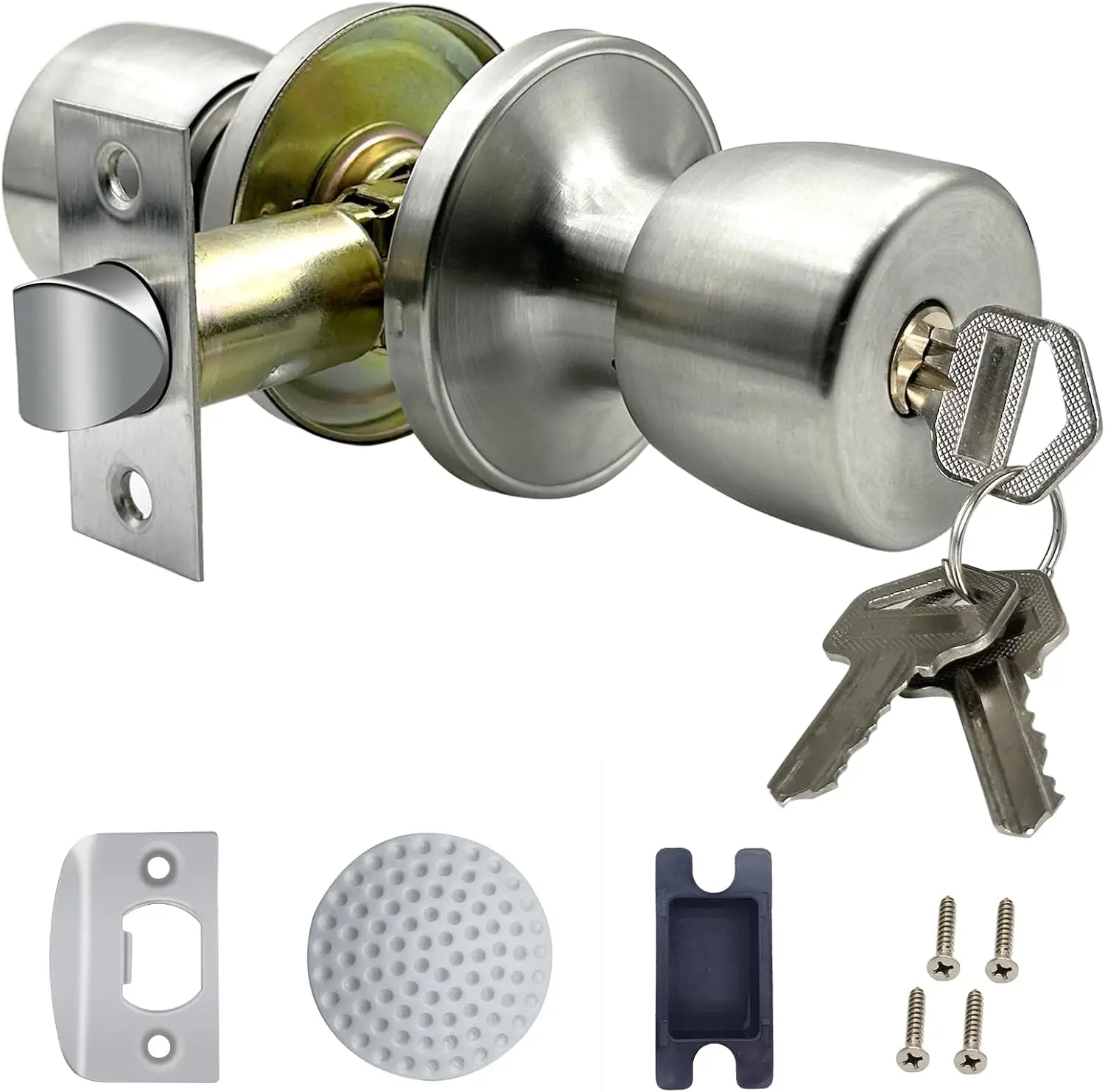 Satin Nickel Door Knob with Lock and Key, Round Ball Lock Interior/Exterior Door Knob, Entry Door Handle for Bedroom and Bathroom, Standard Ball
