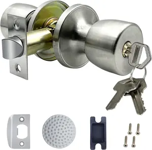 Satin Nickel Door Knob with Lock and Key, Round Ball Lock Interior/Exterior Door Knob, Entry Door Handle for Bedroom and Bathroom, Standard Ball