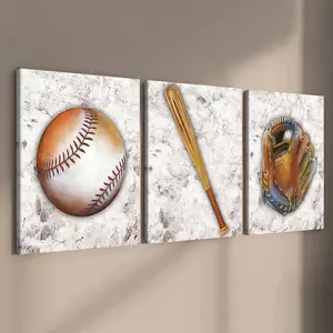 3 count wooden frame canvas, vintage texture baseball equipment poster, Classic Prints, sports fan pattern, exquisite mural, stylish bedroom decoration, Modern home decoration, living room and hallway wall decoration, HD, waterproof, artistic art