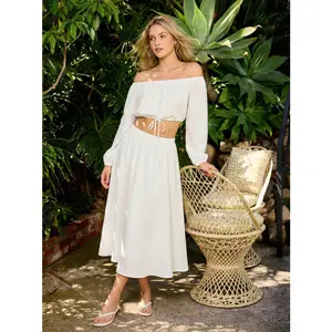 Cider Off-Shoulder Ruched Puff Sleeve Top & Elastic Waist Low Rise Flared Midi Skirt Set