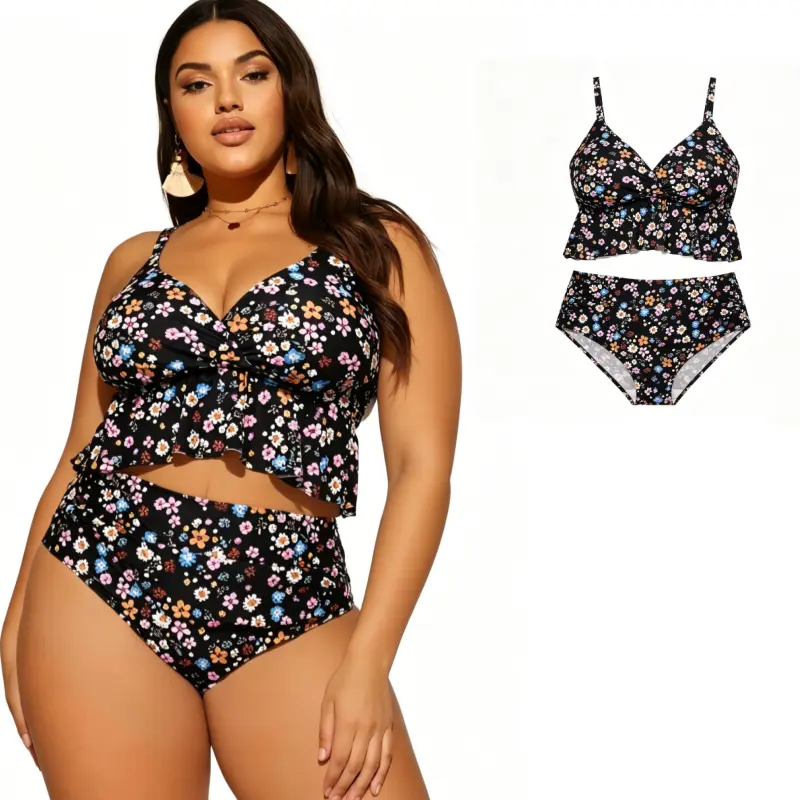Tan Lines Flattering Plus Size 2 Piece Peplum Tankini Set – Ditsy Floral Print, High Waisted Tummy Control Bottoms, Swimsuit for Curvy Women
