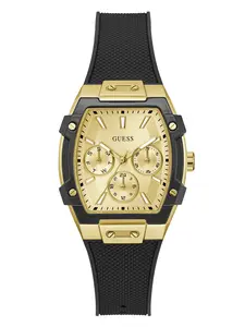 GUESS Female Gold-Tone and Black Silicone Multifunction Watch