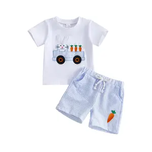 Boys Easter Shorts Sets Short Sleeve O Neck Carrot Bunny Truck Embroidery Tops and Striped Shorts