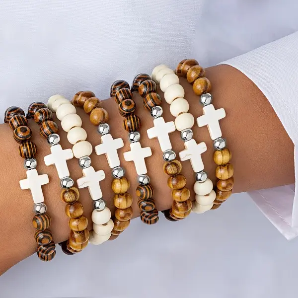 Vintage Wooden Bracelet Set, 8Pcs Colorful Stacking Arm Candy Accessories for Adults, Turquoise & Cross Pattern Beads for Daily Wear, Set Pack, Cross Beads, Stacking Set