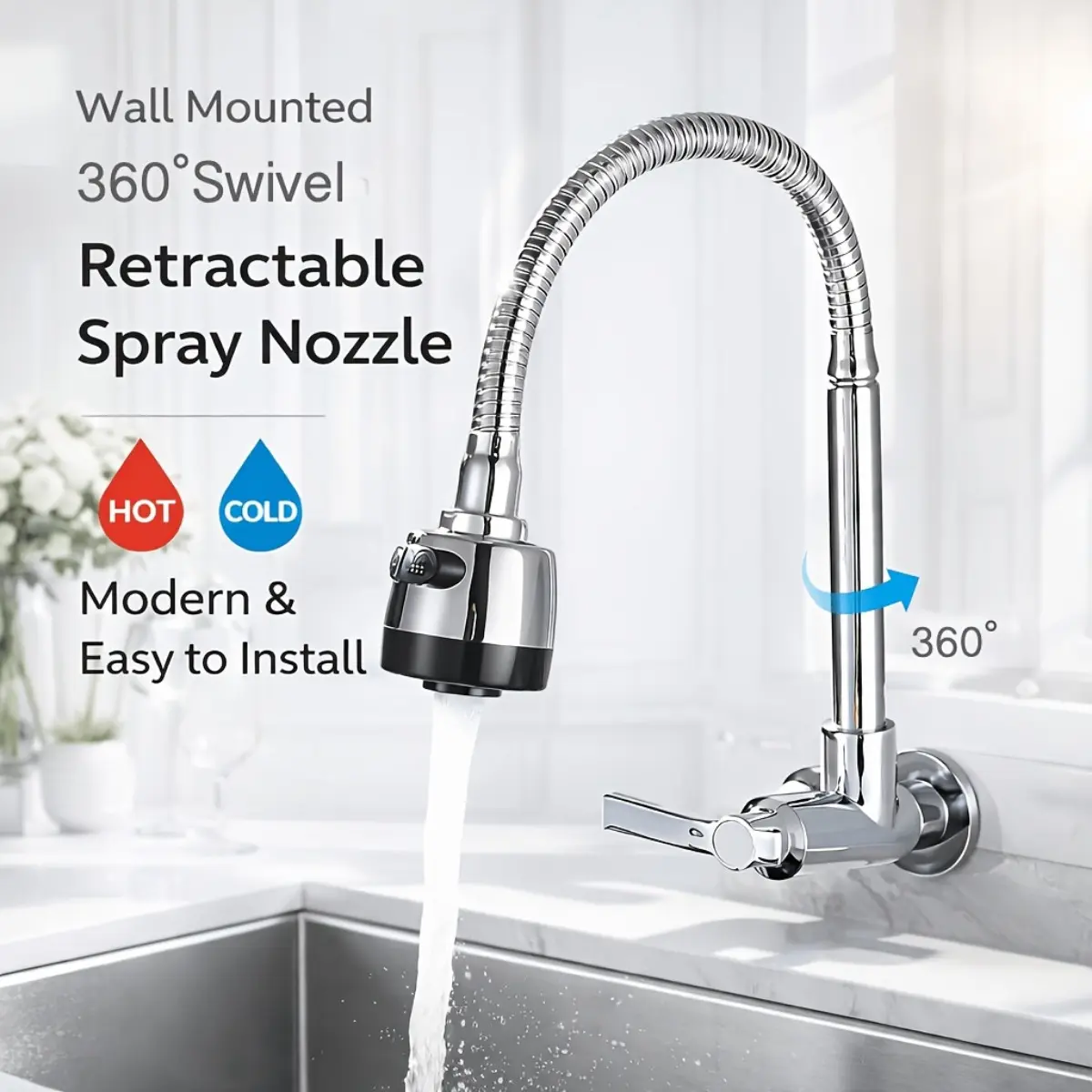 Wall-Mounted Pull-Out Faucet, Pull Out Tap with 360° Swivel Spout & High-Splash-Resistant Spray - Heavy-Duty Metal Modern Sink Faucet for Kitchen, Bathroom, Balcony Sinks - Kitchen Faucets with Pull Down Sprayer (Compatible with Sinks)