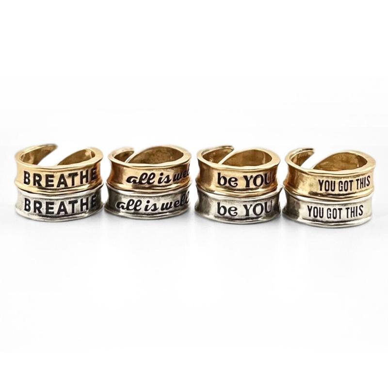 Katia Designs Remember Single Finish Adjustable Ring Antique Gold/Silver Finish Inspirational Message Breathe All Is Well Be You You Got This Slightly Adjustable Size