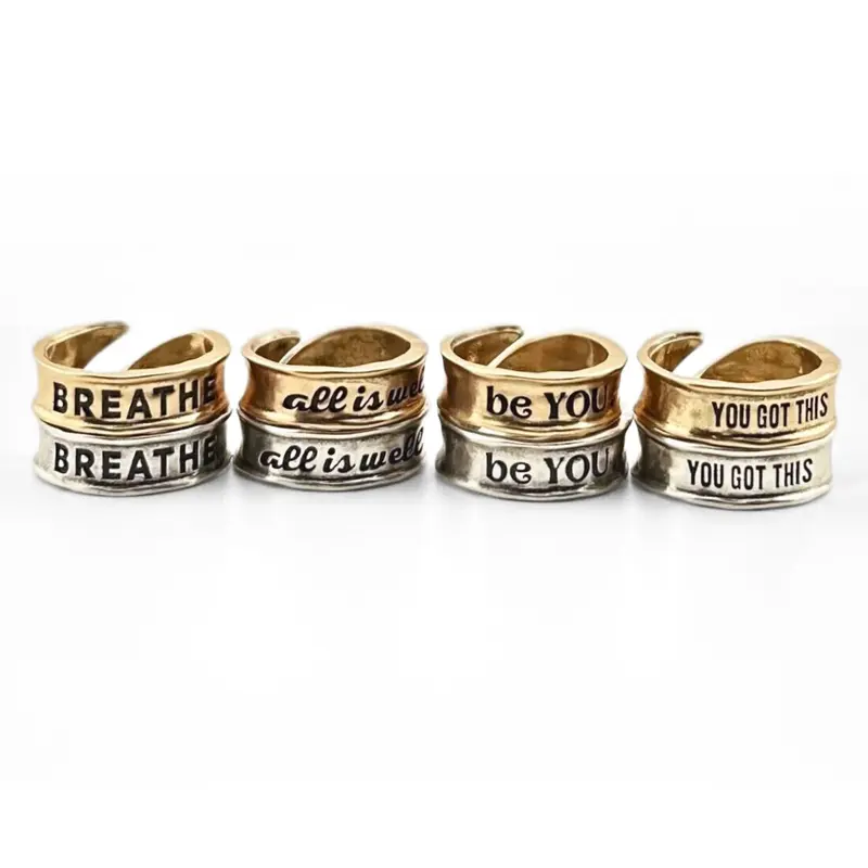 Katia Designs Remember Single Finish Adjustable Ring Antique Gold/Silver Finish Inspirational Message Breathe All Is Well Be You You Got This Slightly Adjustable Size