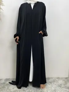 Women's Solid Long Sleeve Belted Open Solid Color Modesty Abaya without Hijab & Dress, Modest Bishop Sleeve Open Front Outerwear for Spring & Fall, Casual Muslim Women's Islamic Clothing