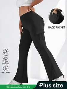 Women's Plus Size High Waist Flared Cargo Pants, Loose-Fit Casual Summer Wear, Comfortable Daily Use with Pockets, Plain Color Design