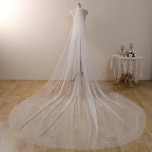 Scattered pearls wedding veil romantic ivory bridal veil, Long cathedral veil, Soft tulle wedding veil