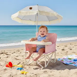 [SummerVibes] Portable Baby Beach Chair - Lightweight Compact Folding Outdoor Kids Stuff Travel High Chair with Carry Bag, Removable Tray, UPF 50+ Sun Canopy, Max 37lbs Weight for Sand, Camping Use