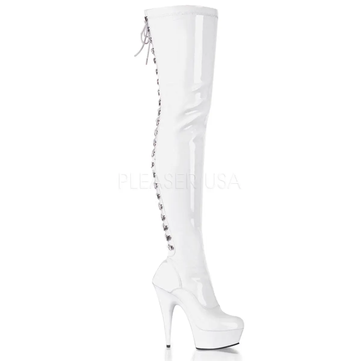 Women's 6" Stiletto Heel Thigh High Boots in White Stretch Patent with a 1.75" Platform, Side Lace-Up and Full-Length Inside Zip, Boot