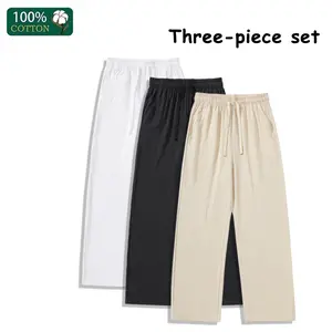 Men’s solid-color linen casual pants with a drapey feel, lightweight for summer, straight cut, loose wide legs, 3-pack