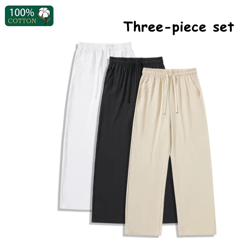 Men’s solid-color linen casual pants with a drapey feel, lightweight for summer, straight cut, loose wide legs, 3-pack