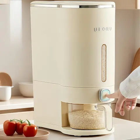 UFORU 22Lbs Airtight Moisture-Proof Rice Dispenser, BPA-Free Cream White Kitchen Canister with Desiccants, Utensils & Coffee Storage, Large Capacity 1-Touch Home Organizer Bin