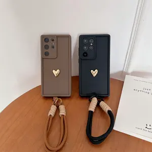 3D Gold Heart Love Wrist Strap Case for Samsung Galaxy S25 Ultra S23 S22 Plus S24 S21 FE Note 20 A56 A55 A36 A35 A26 A16 A15 5G Cover Shockproof Silicone Lanyard Protector Protection Protective