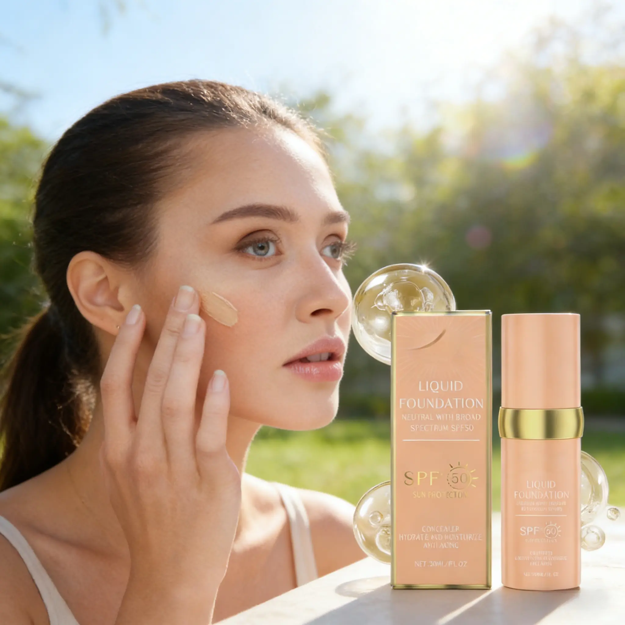 Hoygi SPF 50 Liquid Foundation & Concealer, Lightweight & Hydrating Tinted Sunscreen Cosmetic with Buildable Coverage for All Skin Types, Moisturize, Hydrate, Makeup Routine, Natural Makeup Look