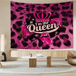 Coquette Pink Leopard Queen Crown Lips Tapestry, Easy‑to‑Hang Fabric Backdrop, Perfect for Bedroom Headboard, Streamer Background, Teen Wall Decor, Birthday Party, Girls Night & Bachelorette Party Decorations