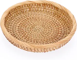 Handwoven Rattan Basket Bowl – Decorative Storage Tray for Entryway Kitchen & Living Room – Lightweight Round Wicker Tray for Keys Wallets Snacks Fruits Jewelry
