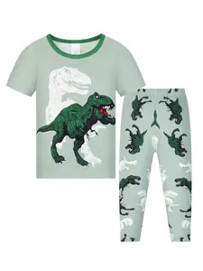Boys' Round Neck Short Sleeve Long Pants Sleepwear Two-Piece Set, Dinosaur Digital Print, Soft Skin-Friendly Breathable, Casual Home Wear