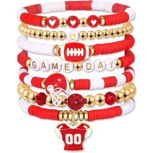 8 Pack  Day Bracelets for Women, Football Bracelets Red Black Blue Heishi Clay Beaded Stretch Bracelets Stackable Charm Bracelet Bangles