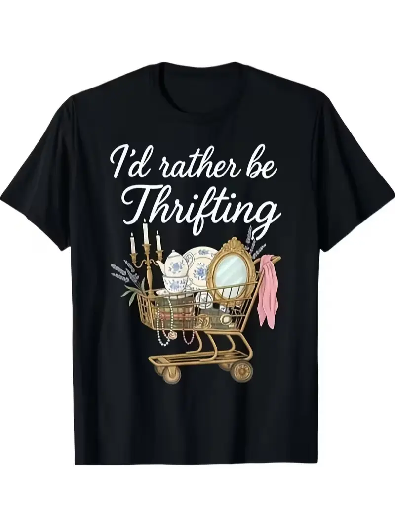 Vintage Thrift Shop T-Shirt - Retro "I Prefer Thrift Shopping" Print Short Sleeve Round Neck Tee Suitable for Everyday Casual Wear, Machine Washable Second-Hand Outfits for, Year-Round Comfortable Apparel