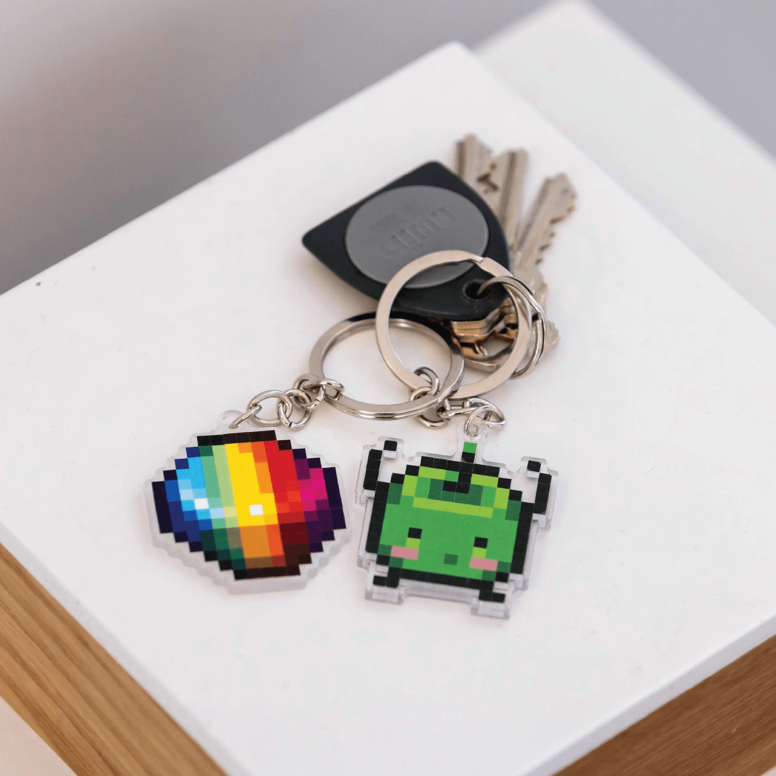 Stardew Valley Graphic Keychain Set - Junimo and Prismatic Shard Design, Vibrant Rainbow Effect, 100% Handmade Mini Fashion Costume Jewelry Accessory, 293 Stickers Included, Note: Choking Hazard Small Parts
