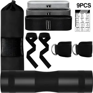 9 Pcs Barbell Pad Set, Barbell Squat Pad for Hip Thrusts, Lunges, Leg Day with 2 Gym Ankle Straps, 3 Hip Resistance Bands, 2 Lifting Strap, Barbell Pad and Carry Bag, Black